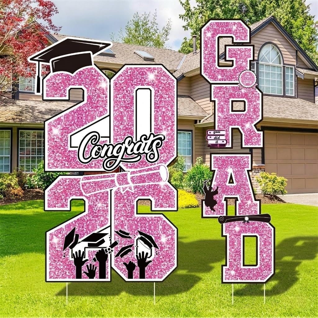 Govpy graduation yard sign 2026 pink and white on lawn, boosts outdoor party curb appeal.