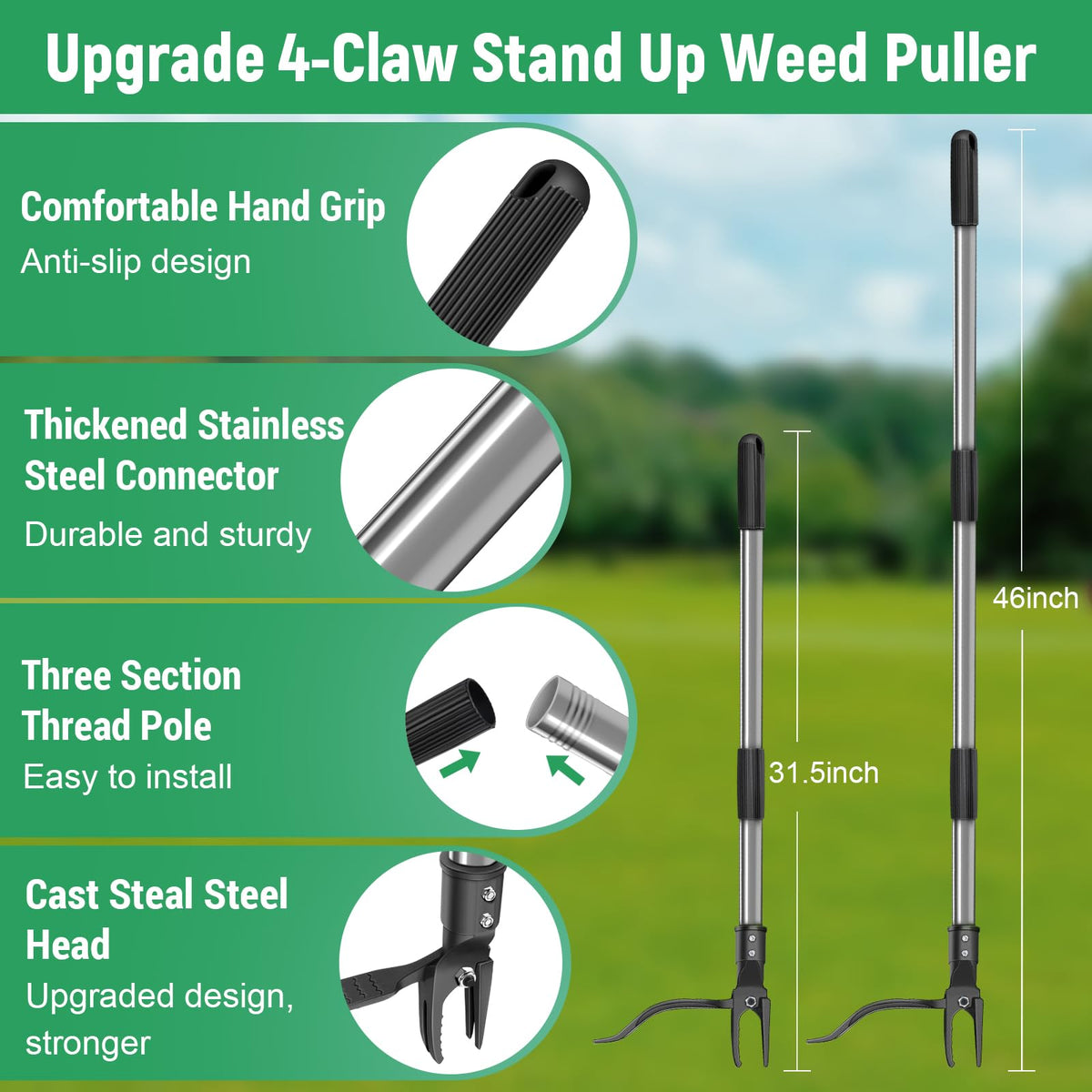 GOXAWEE 46-inch reach helps you weed without bending near beds.
