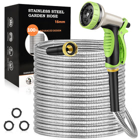 GOXAWEE garden hose 100ft with steel exterior resists leaks for outdoor use
