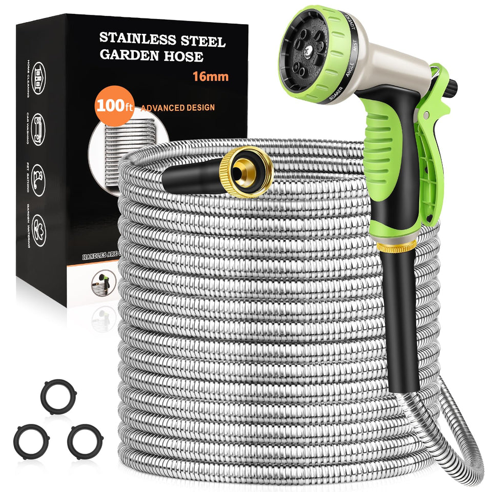 GOXAWEE garden hose 100ft with steel exterior resists leaks for outdoor use