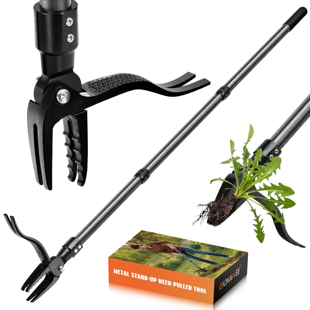 GOXAWEE stand-up weed puller with 45-inch handle for back-friendly weed removal.
