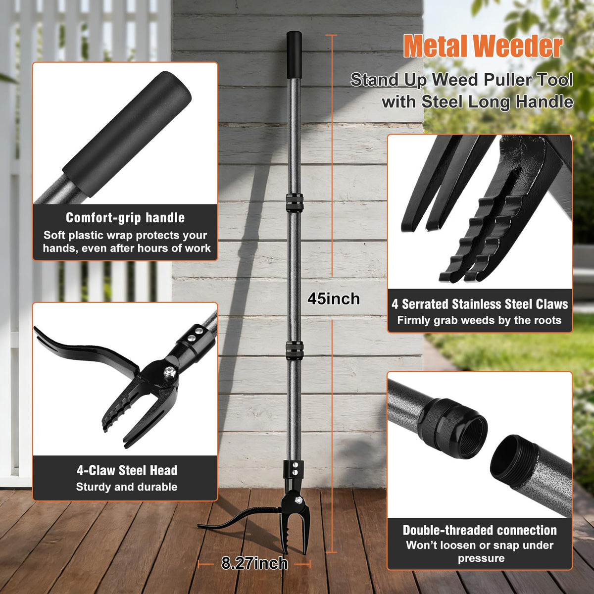 GOXAWEE steel long handle reduces kneeling during garden weeding.