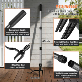 GOXAWEE steel long handle reduces kneeling during garden weeding.