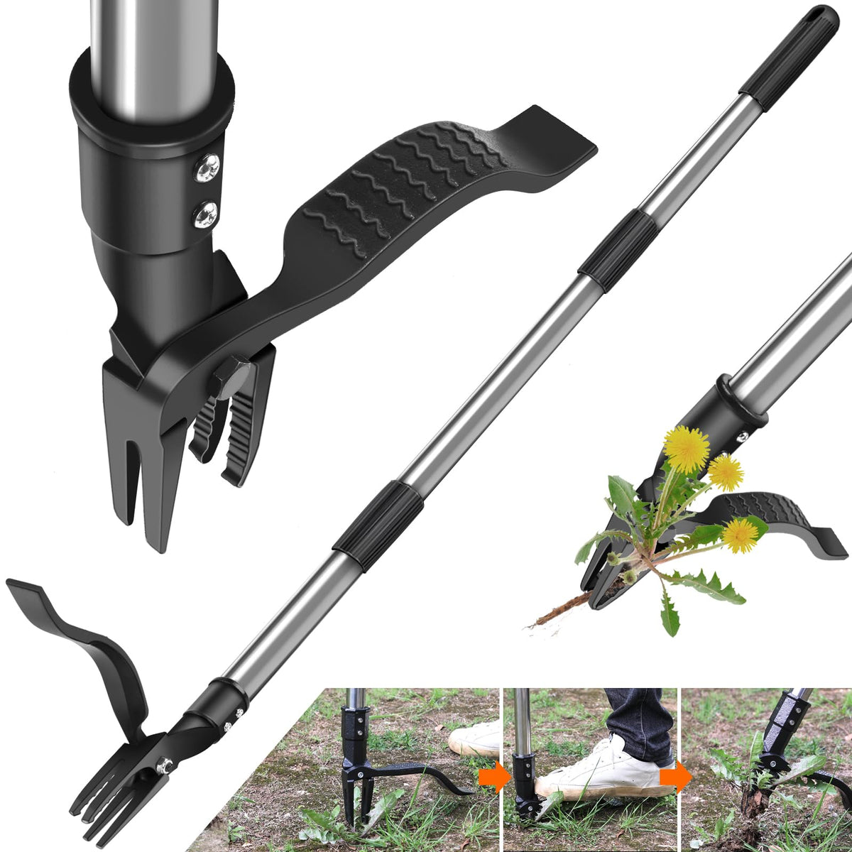 GOXAWEE weed puller with 46-inch handle for comfortable standing weed removal.