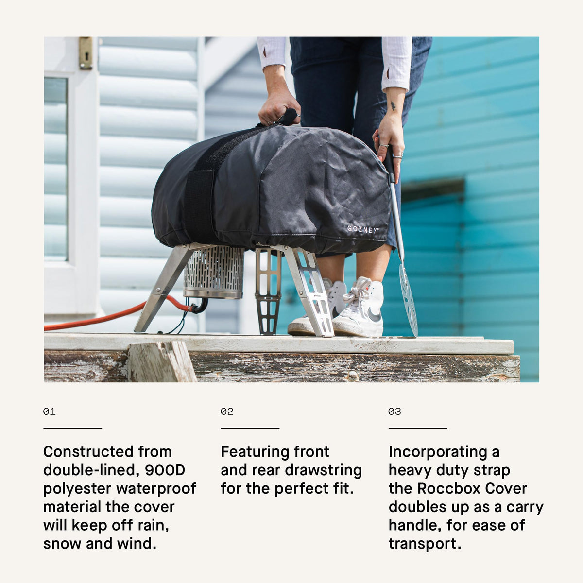 Gozney Roccbox cover showing heavy-duty strap for easy transport