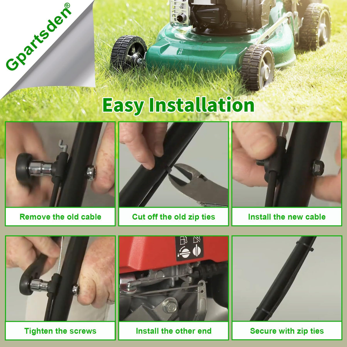 Full-length installation view on rotary mower with Gpartsden drive cable.