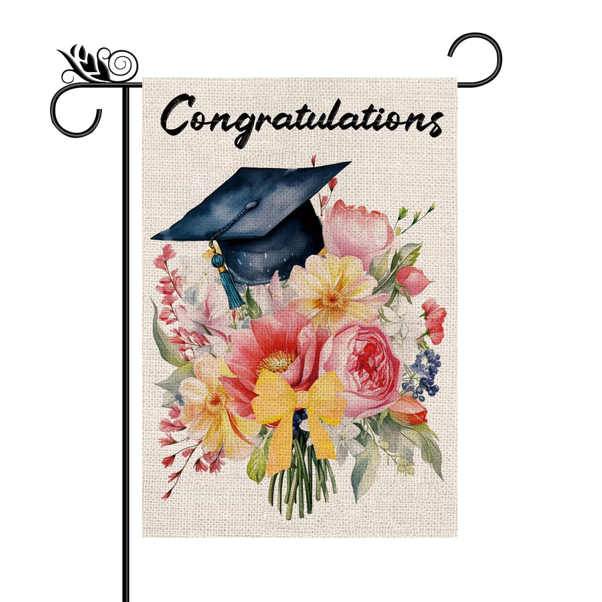 GPGHE Congrats Grad flag front view, durable outdoor decor for patios and lawns.