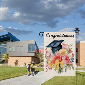 GPGHE Congrats Grad flag garden setting, ideal home decor for lawn celebrations.