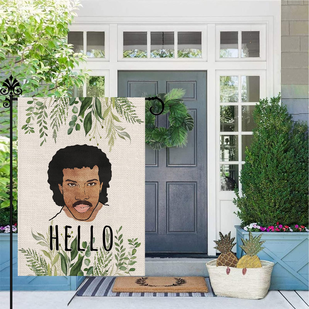 GPGHE Hello Funny Garden Flag color detail in sunlight for vibrant curb appeal.