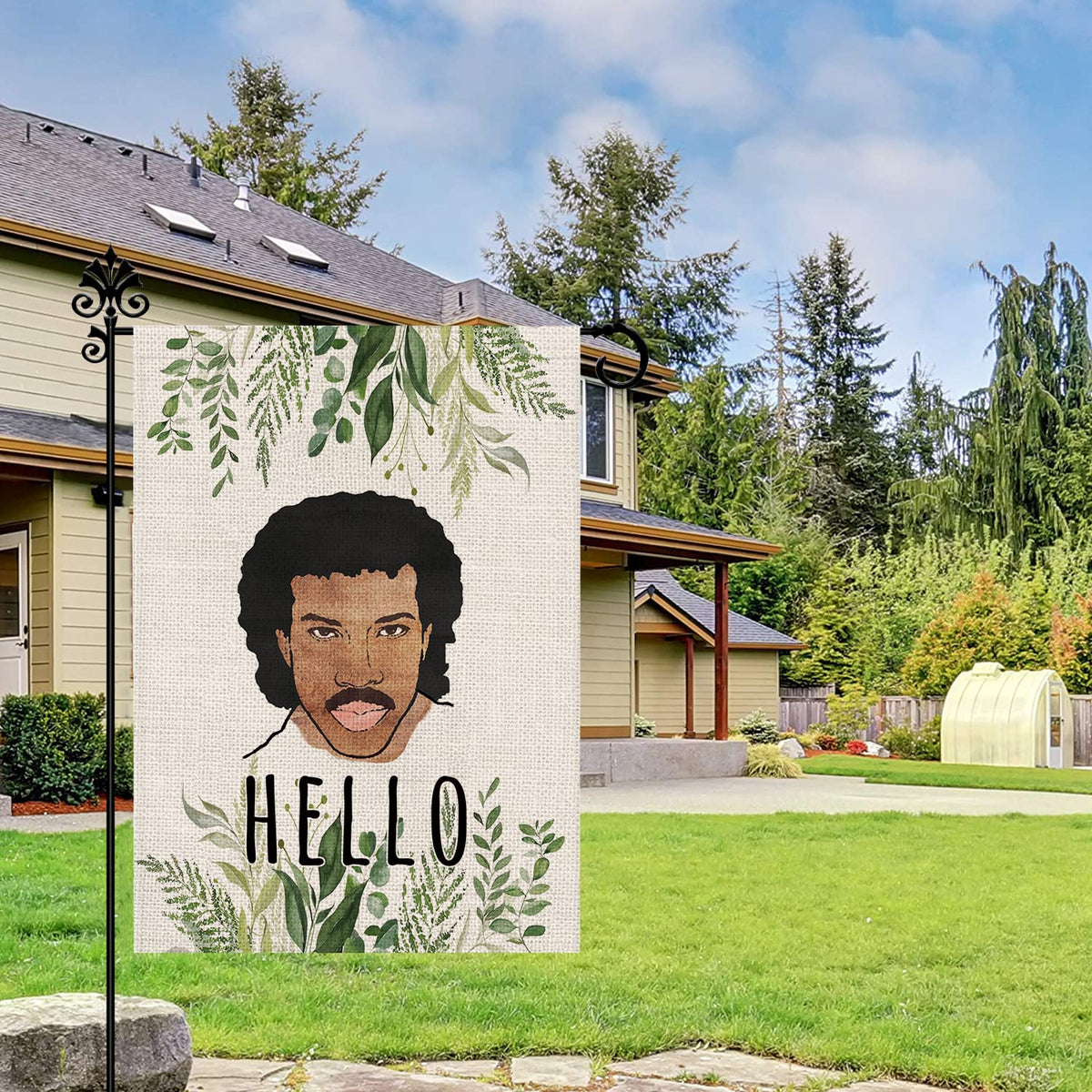 GPGHE Hello Funny Garden Flag hanging on a garden pole for outdoor decor.