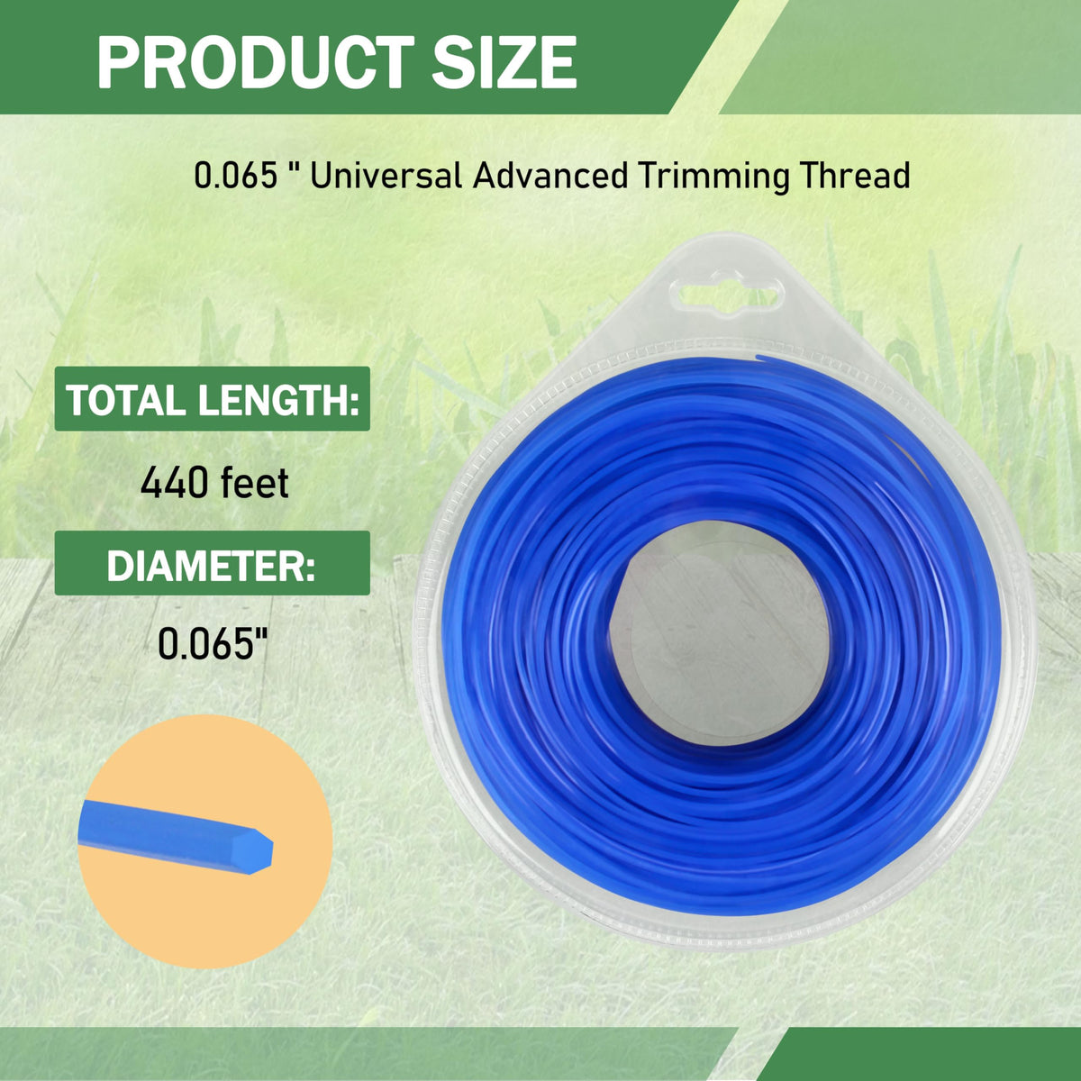 Close-up of blue 6-point star trimmer line