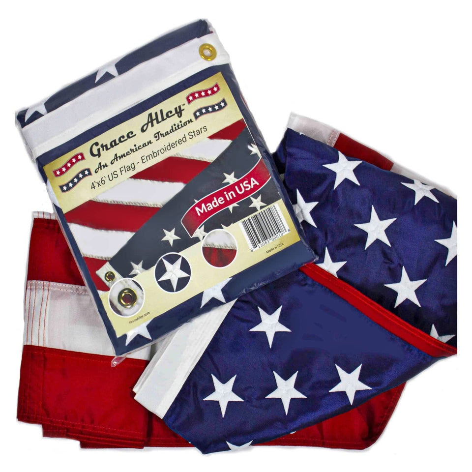 Grace Alley American flag with embroidered stars for durable outdoor display.