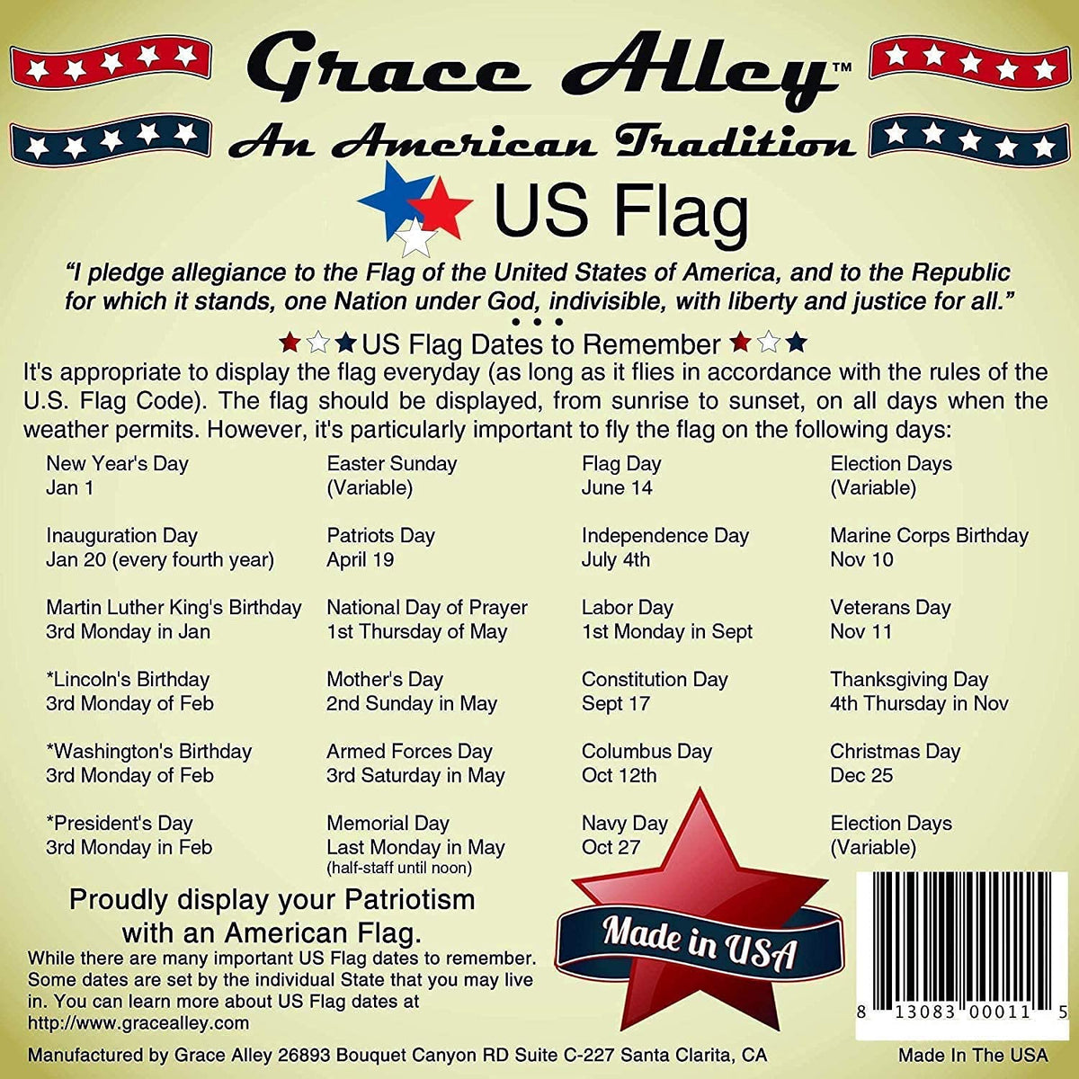 Grace Alley 4x6 flag ideal for patriotic display in homes or storefronts.