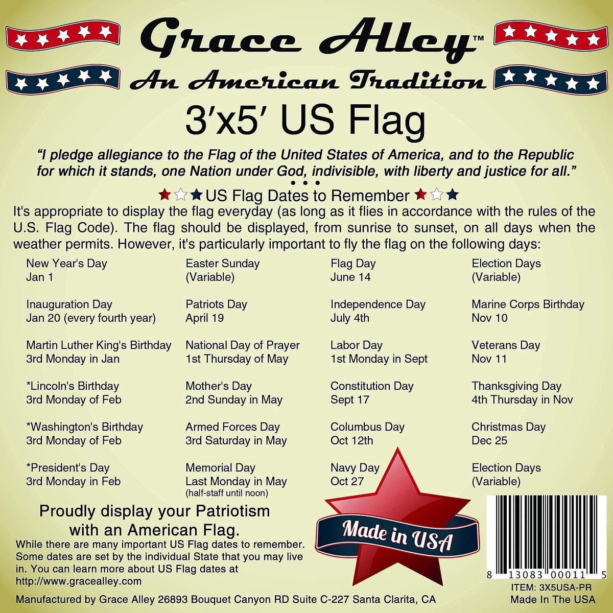 Grace Alley American Flag ideal for outdoor display on a flagpole or wall