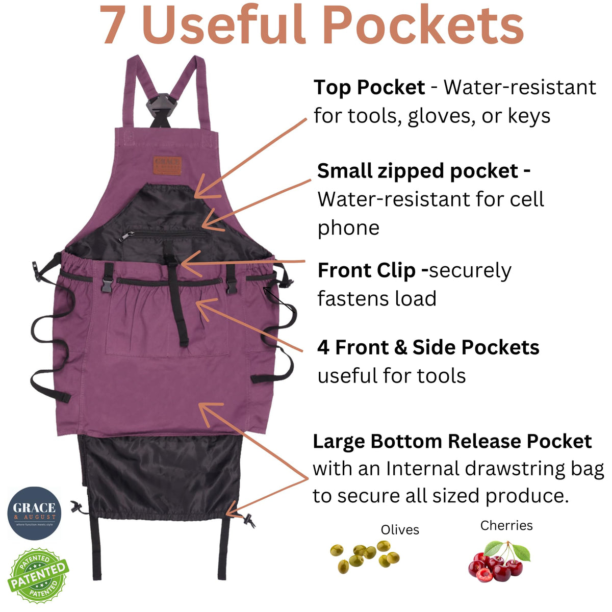Grace and August cross-back apron with adjustable straps reducing neck pressure.