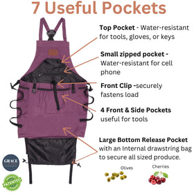 Grace and August cross-back apron with adjustable straps reducing neck pressure.