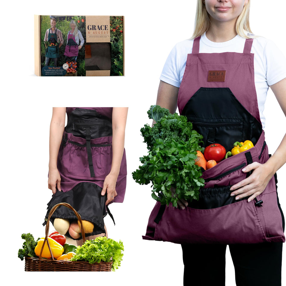 Grace and August garden apron with seven pockets for organized harvesting and tool access.
