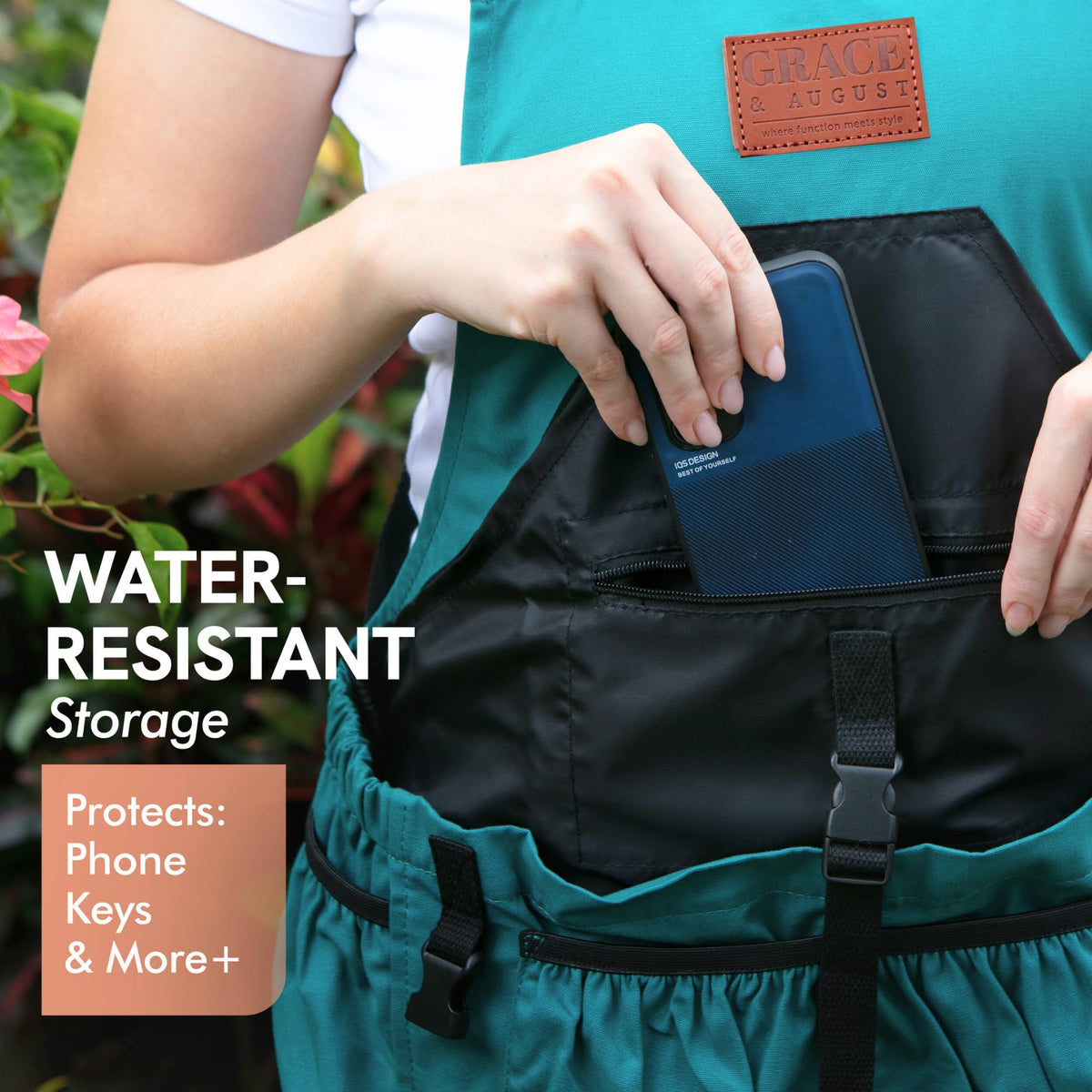 Grace and August cross-back adjustable garden apron ensures comfortable wear.