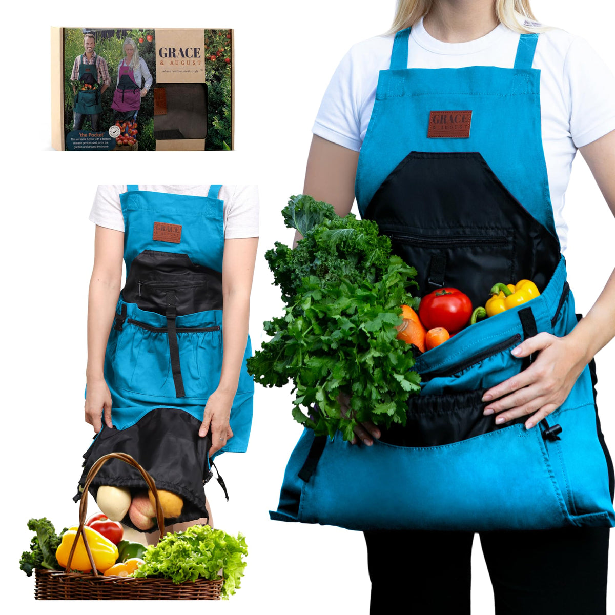 Grace and August gardening apron front view with pockets for easy tool access.