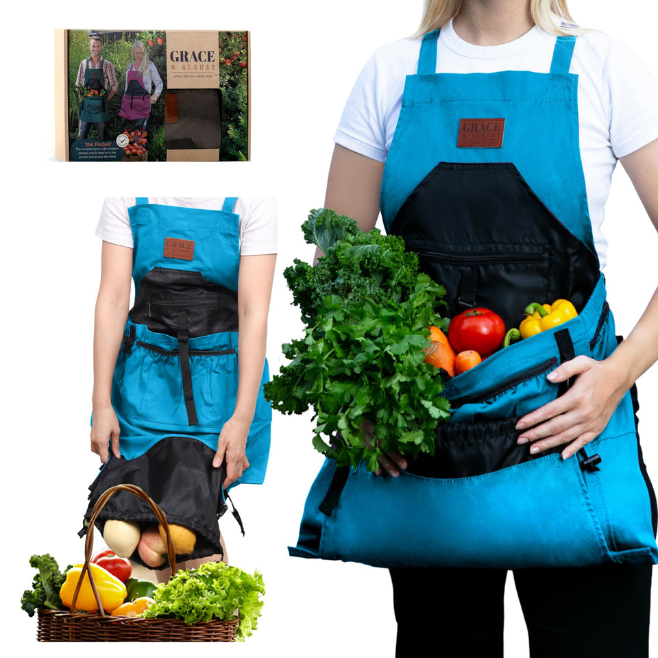 Grace and August gardening apron front view with pockets for easy tool access.