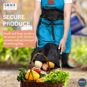 Grace and August apron internal waterproof bag protects harvests from moisture.