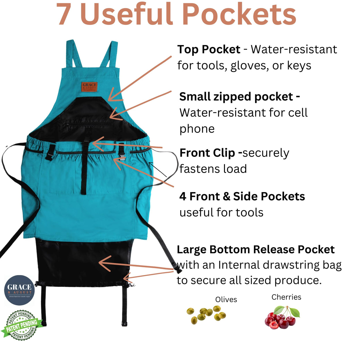 Grace and August gardening apron seven-pocket setup keeps tools and harvests organized.