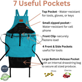 Grace and August gardening apron seven-pocket setup keeps tools and harvests organized.