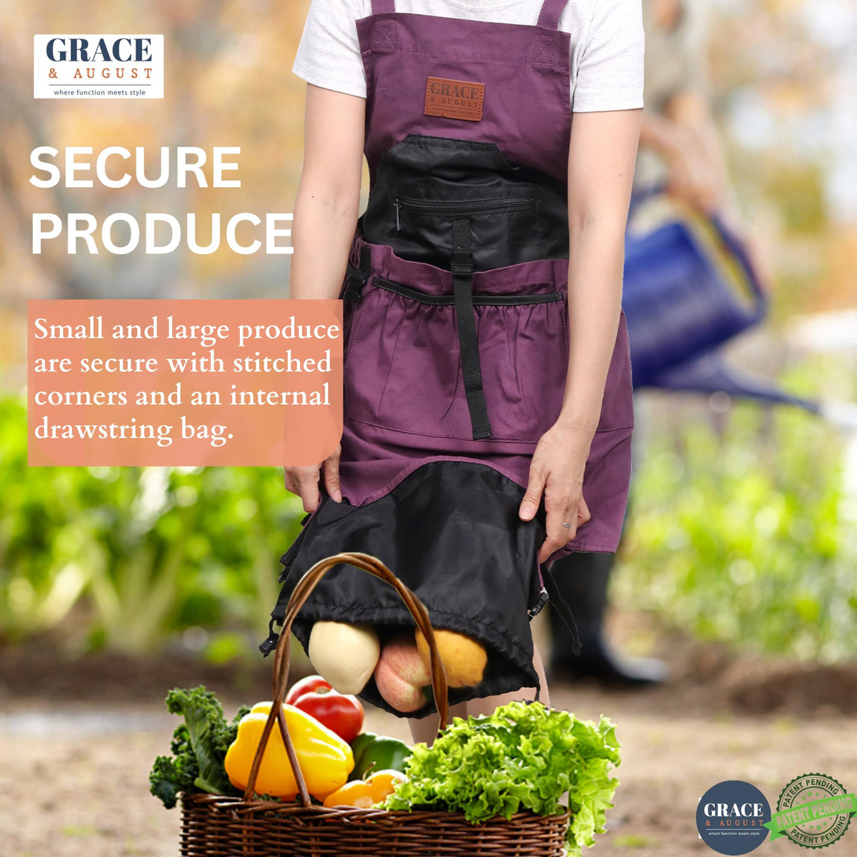 Grace and August kanga-roo release pocket securing delicate harvests while bending.