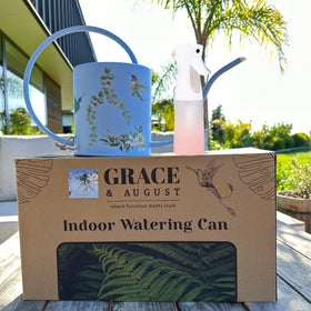Grace and August curved handle watering can keeps wrists comfortable during tasks