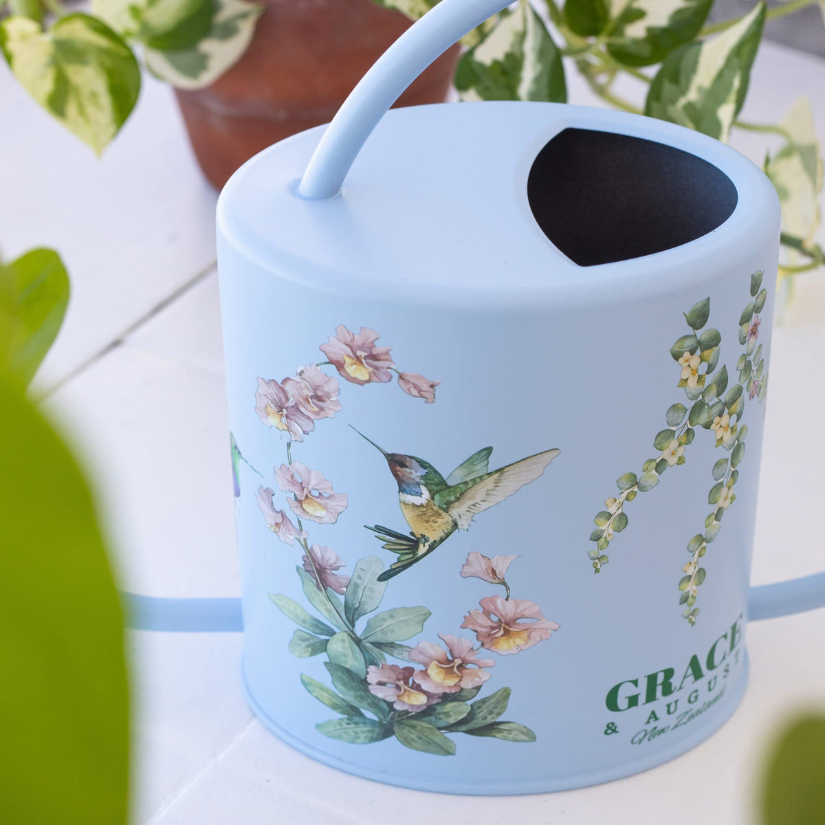 Grace and August hummingbird art watering can brings elegance to home gardening