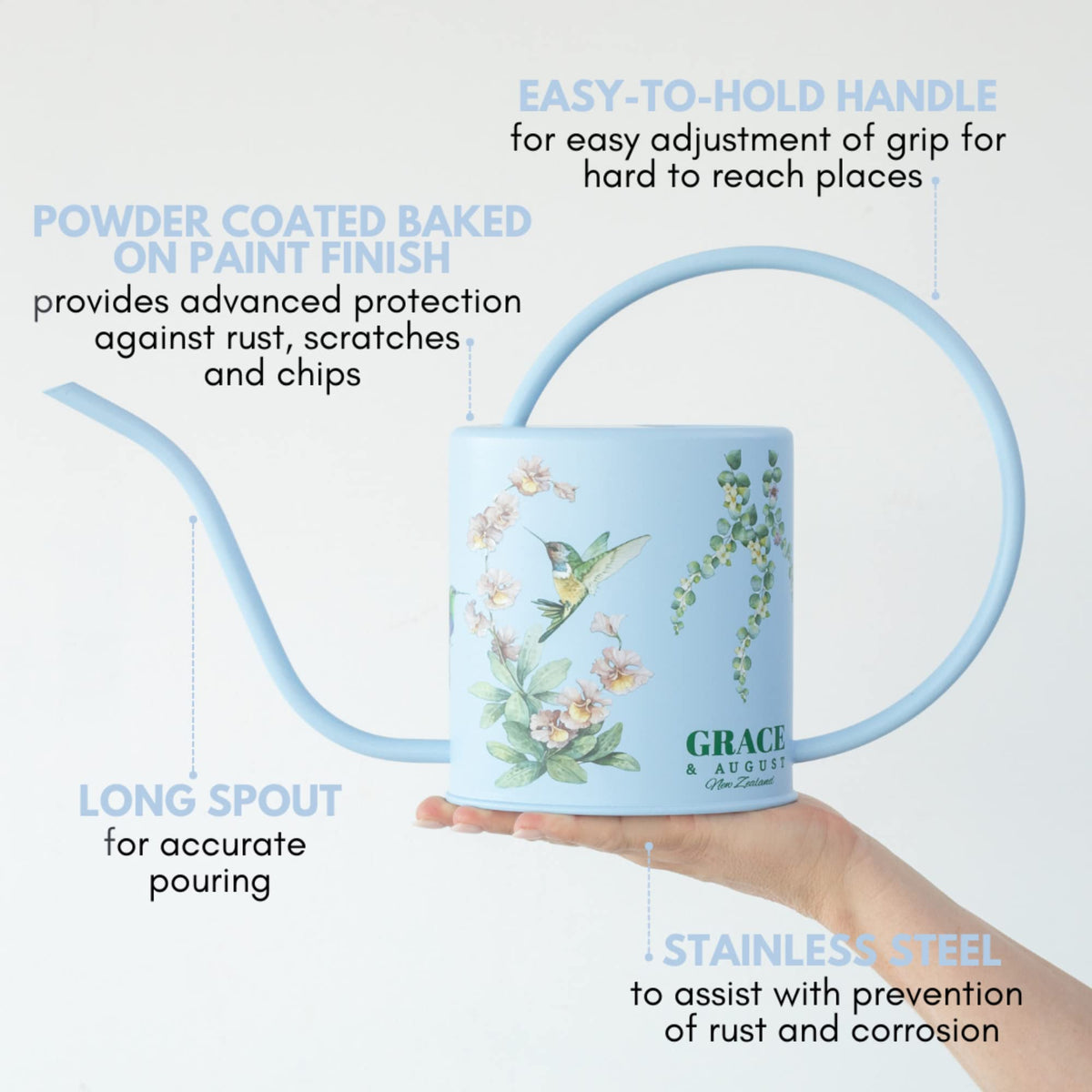 Grace and August oval shaped watering can adds stylish decor while watering plants