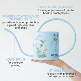 Grace and August oval shaped watering can adds stylish decor while watering plants
