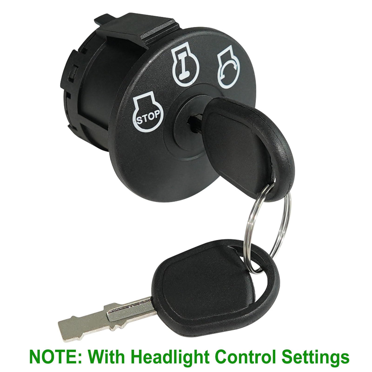 Gradora ignition switch with key shown for quick engine starts on riding lawn tractors.