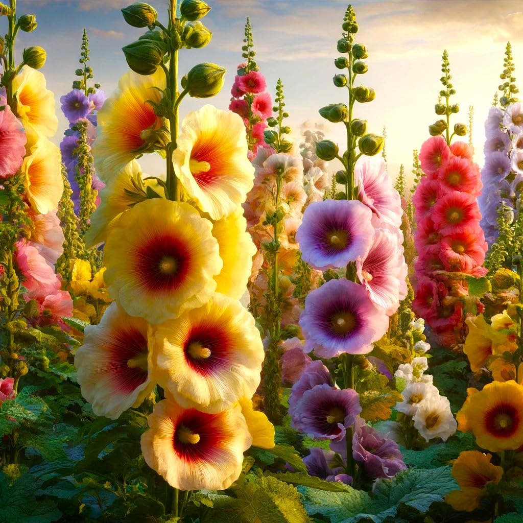 Graffiti GRDN hollyhock seed mix shows vibrant showy blooms for borders.