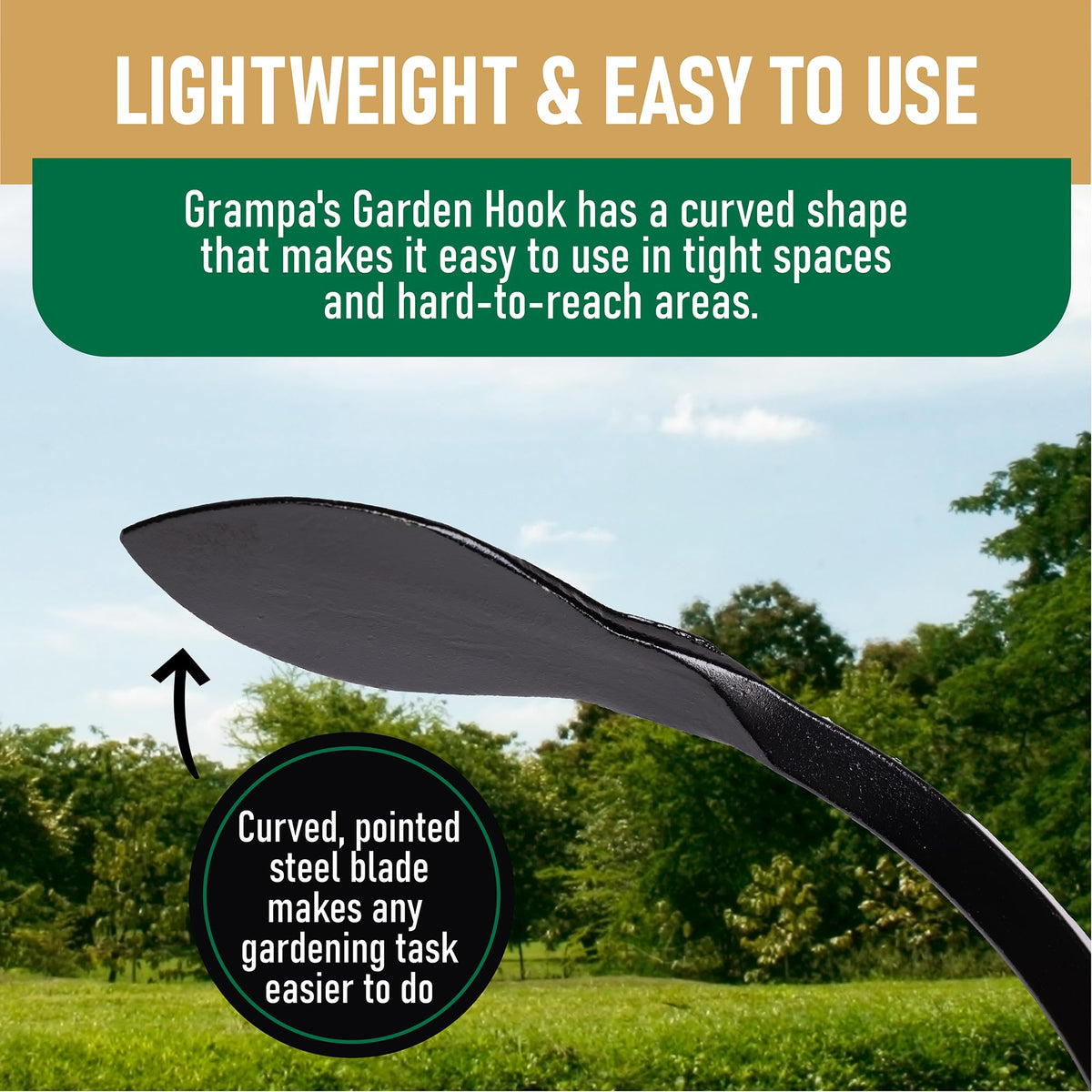Grampa's Garden Hook hand cultivator versatile for transplanting and loosening soil.