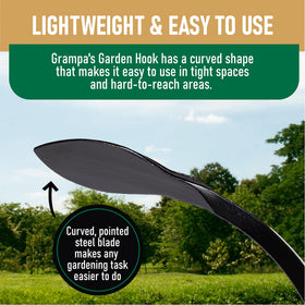Grampa's Garden Hook hand cultivator versatile for transplanting and loosening soil.