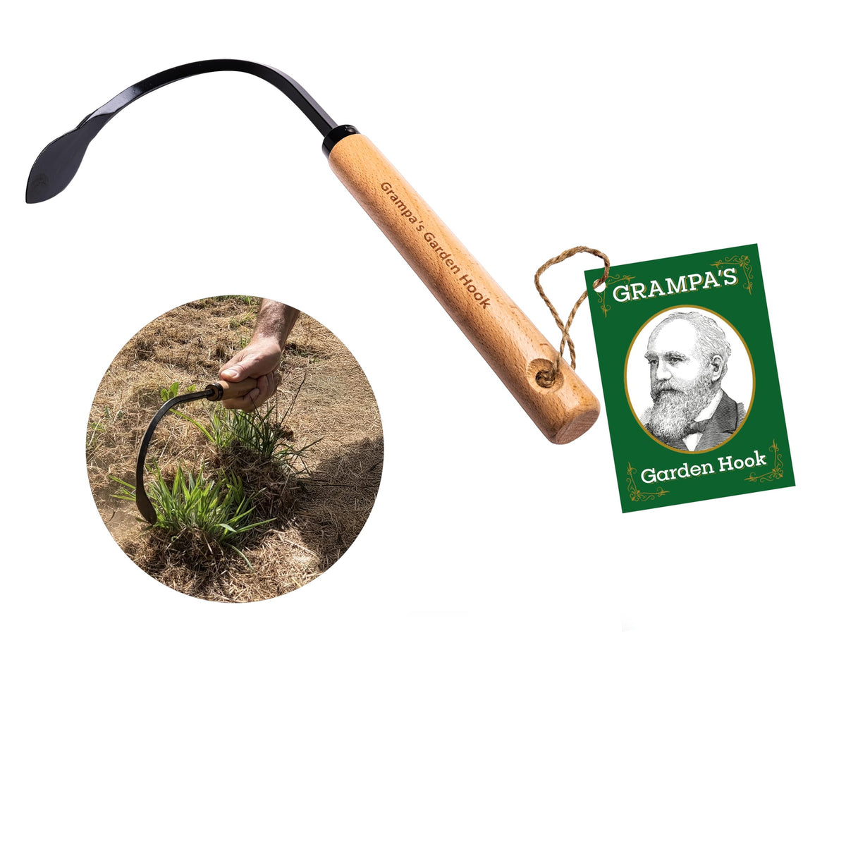 Grampa's Garden Hook weed puller in action, efficient weed removal for neat, chemical-free gardens.