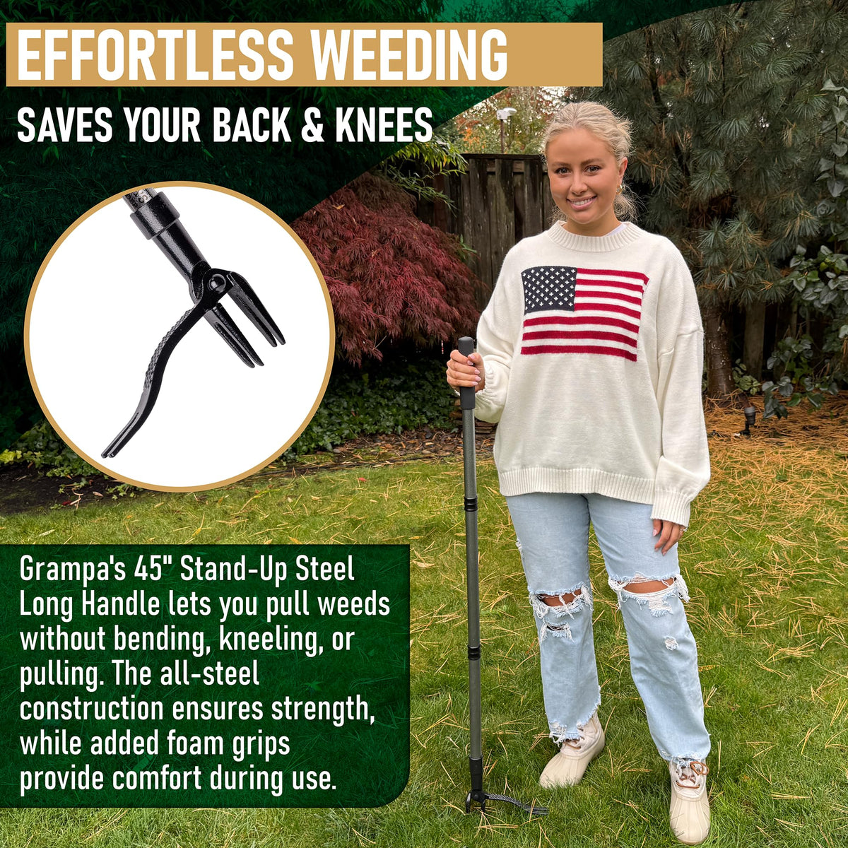 Grampa's Weeder 4-claw head grips soil to remove weeds with roots