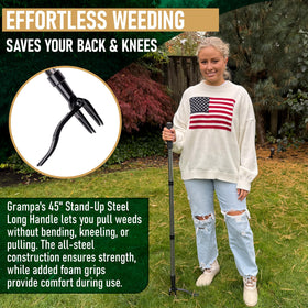 Grampa's Weeder with 4-claw steel head pulls roots cleanly.