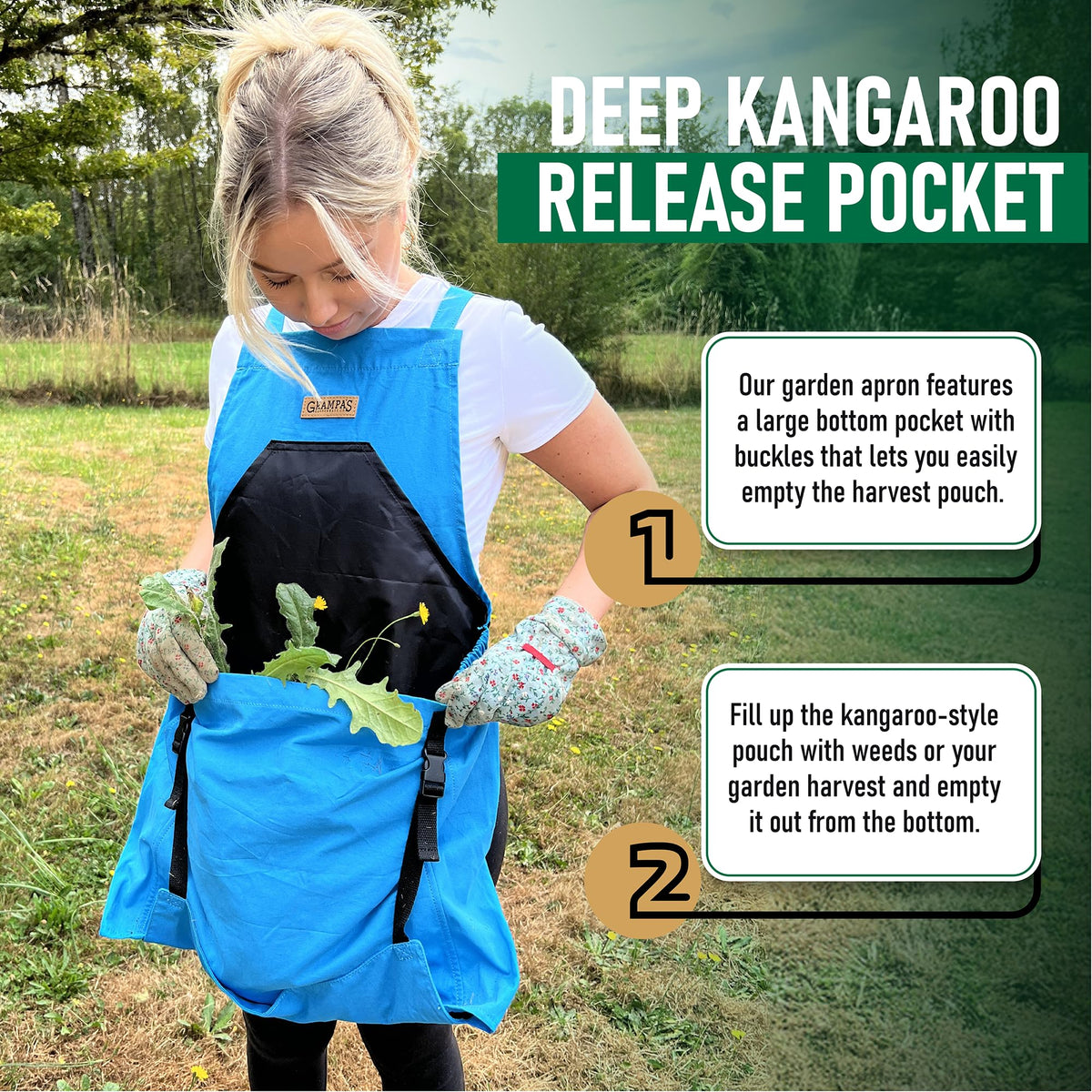 Grampa's Weeder cross-back straps provide comfortable, balanced support.