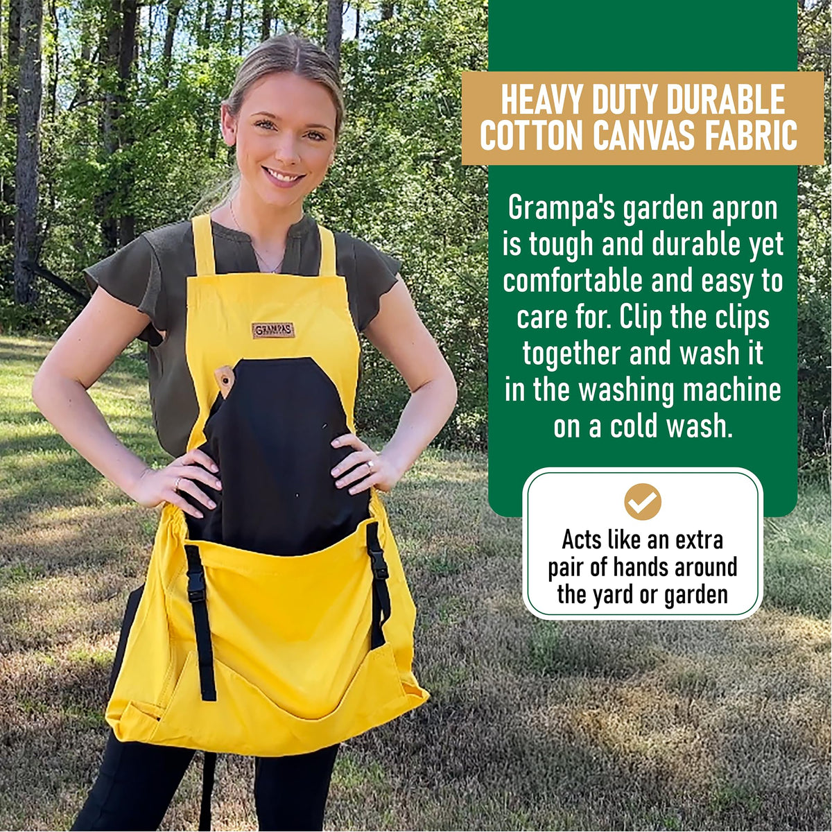 Grampa's Weeder cotton canvas fabric view emphasizes durability and easy care for busy gardeners.