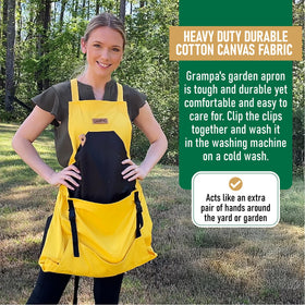 Grampa's Weeder cotton canvas fabric view emphasizes durability and easy care for busy gardeners.