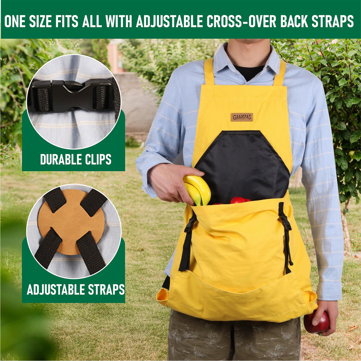 Grampa's Weeder cross-back straps adjustable view distributes weight for comfortable all-day wear.
