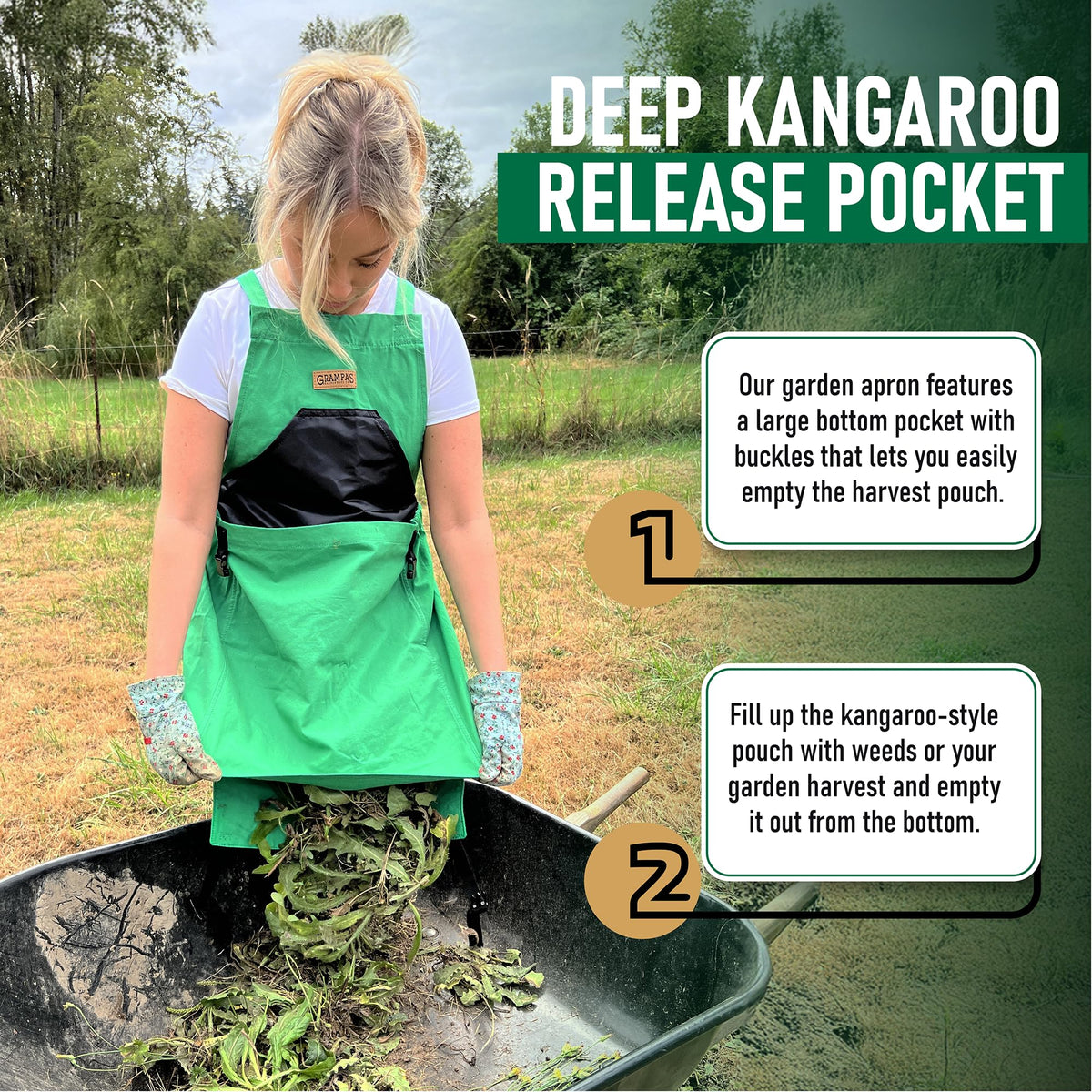 Grampa's Weeder apron chest pocket closeup shows water-resistant lining that keeps clothes dry.