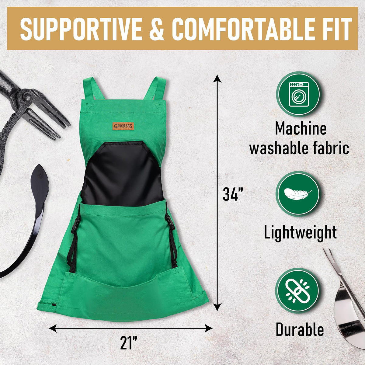Grampa's Weeder cross-back straps distribute weight for comfort.