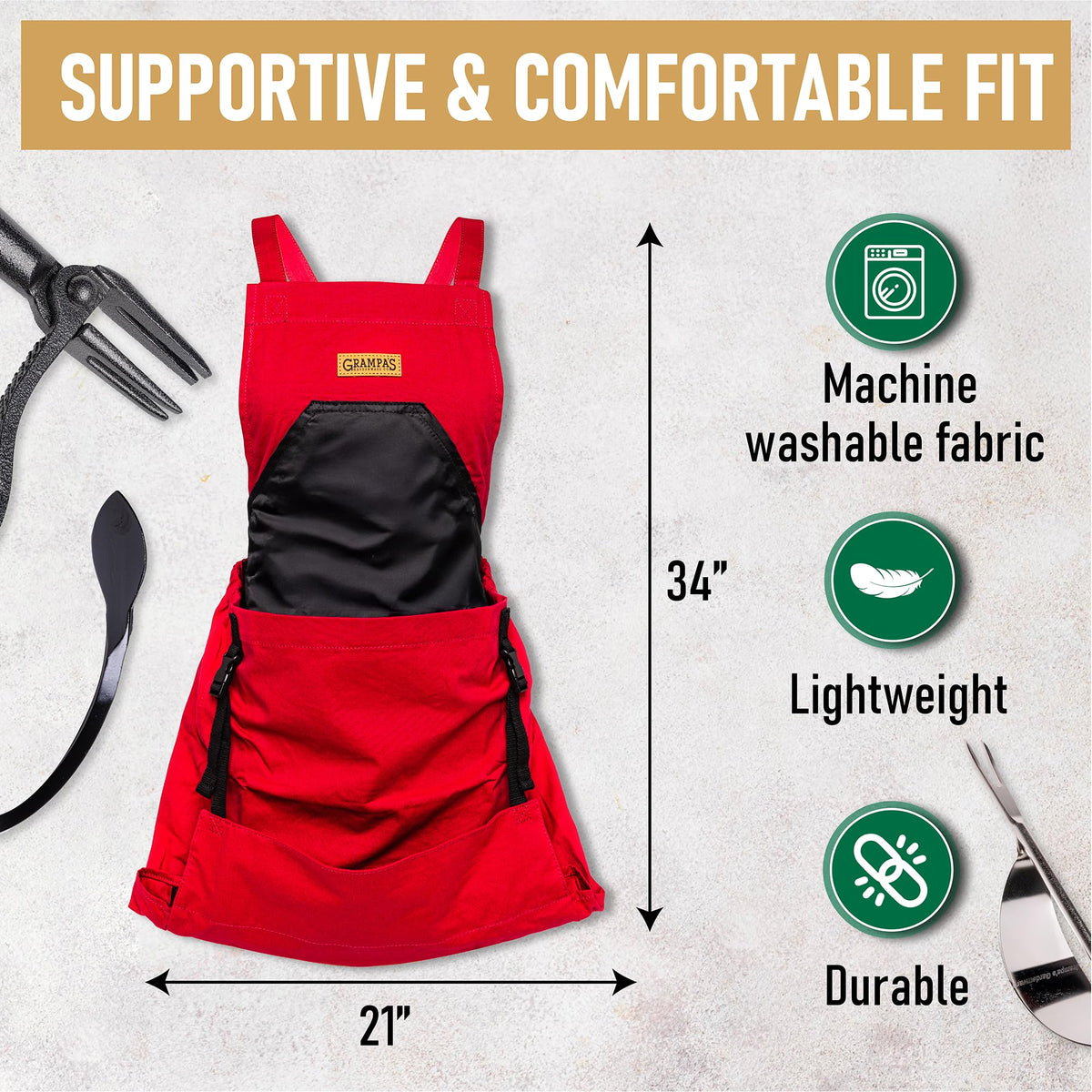 Durable cotton canvas of Grampa's Weeder apron stands up to outdoor gardening tasks.