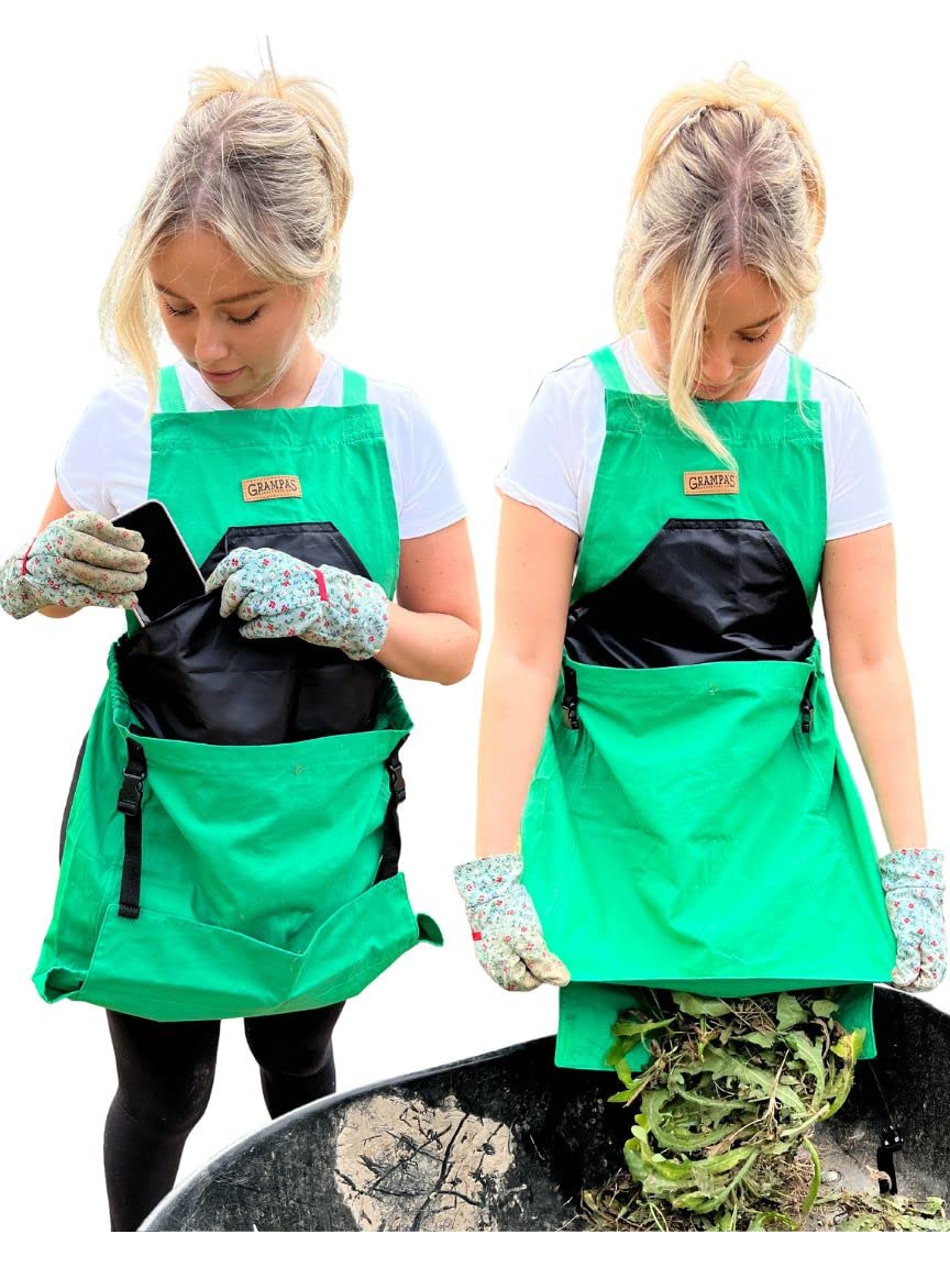Grampa's Weeder garden apron front view with cross-back straps for comfort.