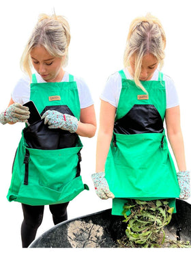 Grampa's Weeder garden apron front view with cross-back straps for comfort.