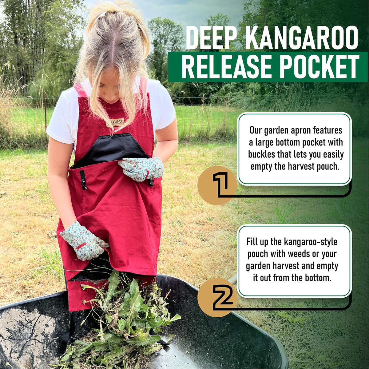 Grampa's Weeder apron showing the large kangaroo pouch for easy harvest collection.