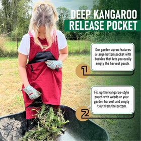 Grampa's Weeder apron showing the large kangaroo pouch for easy harvest collection.